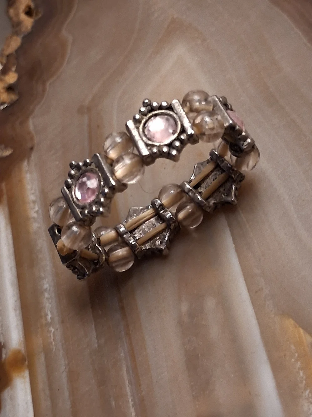 Artisan Sterling Silver Pink Bead Stretch Ring